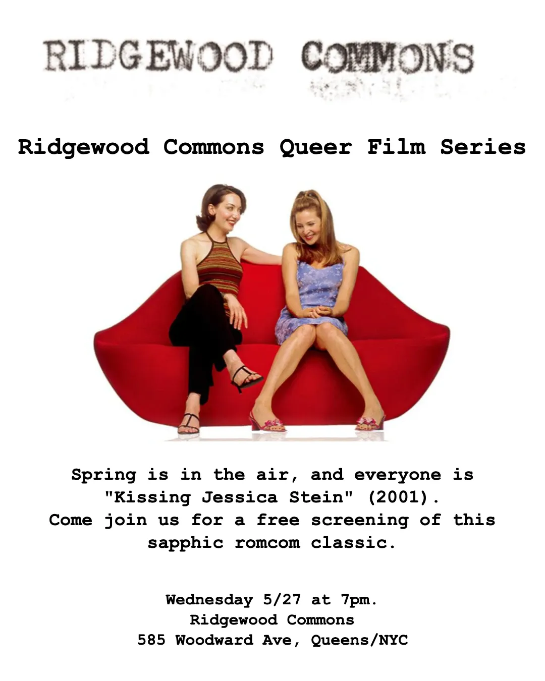 Ridgewood Commons Queer Film Series: "Kissing Jessica Stein" event poster