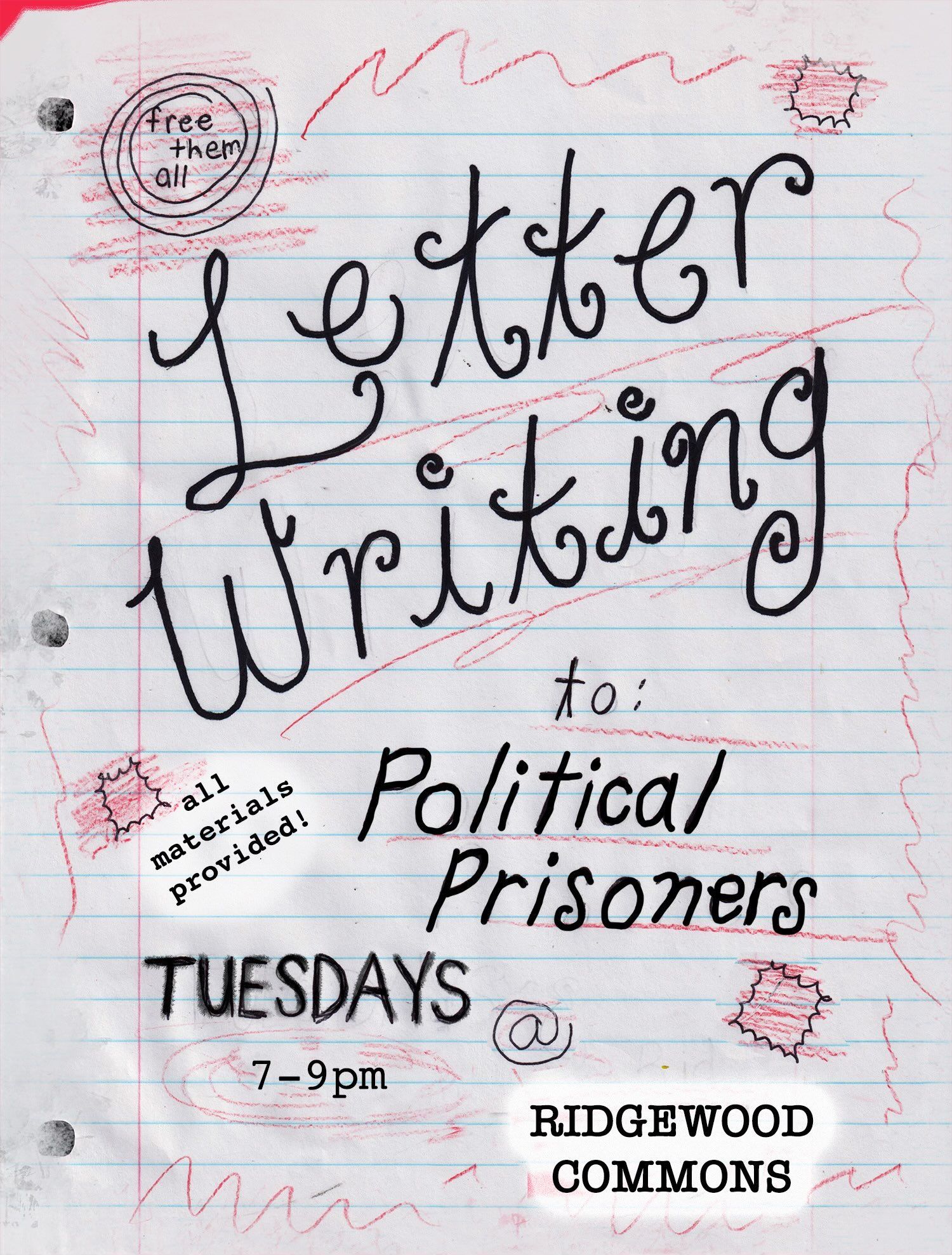 Letter Writing to Political Prisoners at Ridgewood Commons event poster