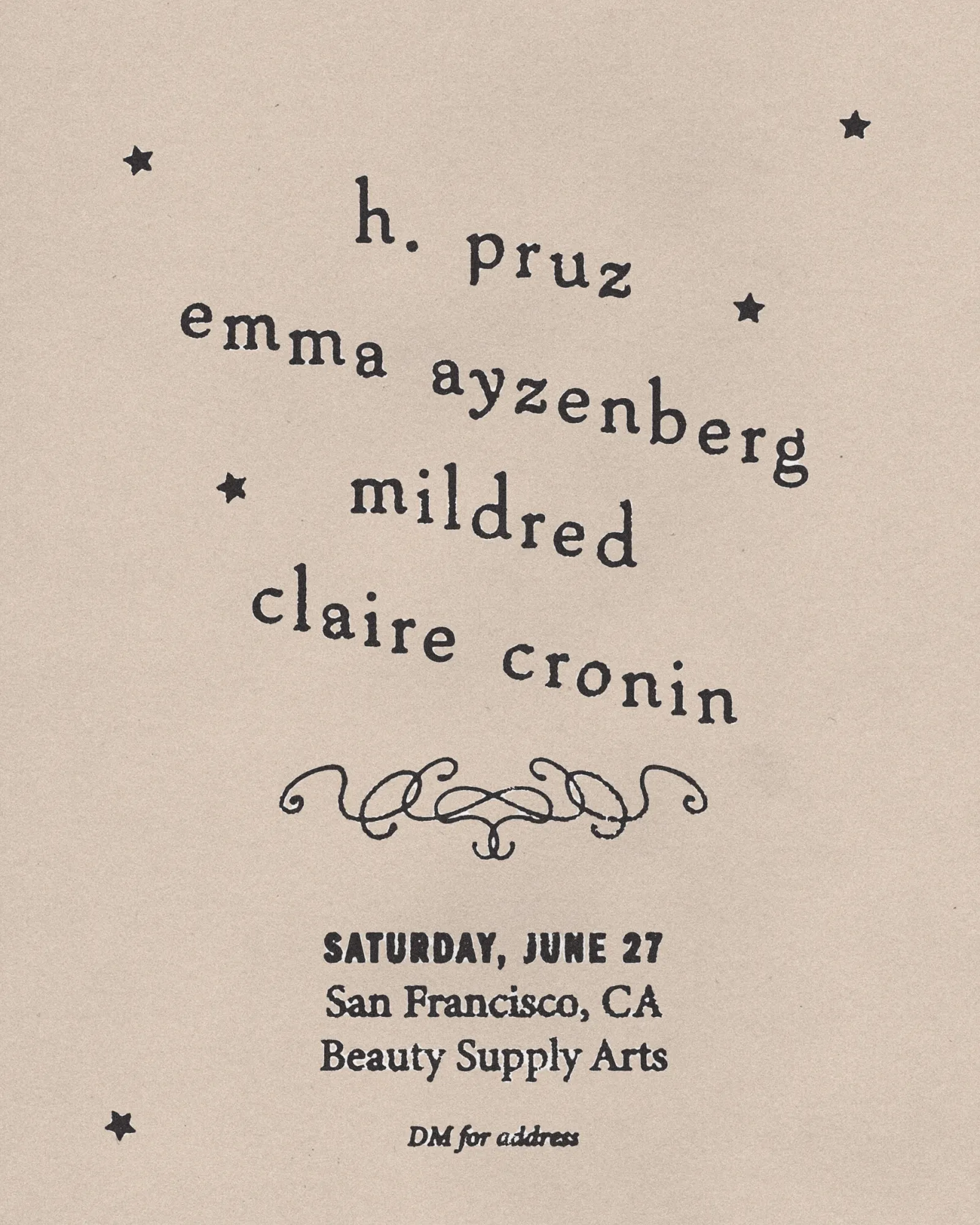 h. pruz x Emma Ayzenberg x Claire Cronin x mildred at Beauty Supply Arts (San Francisco) event poster