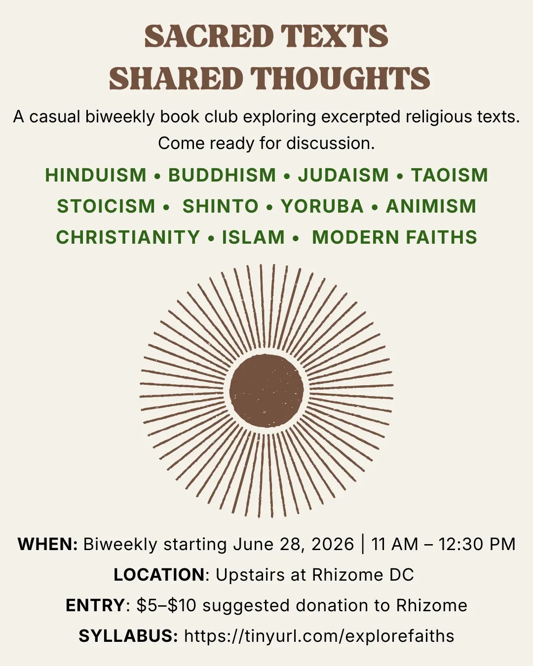 Sacred Texts, Shared Thoughts: A Religious Exploration Discussion Group event poster