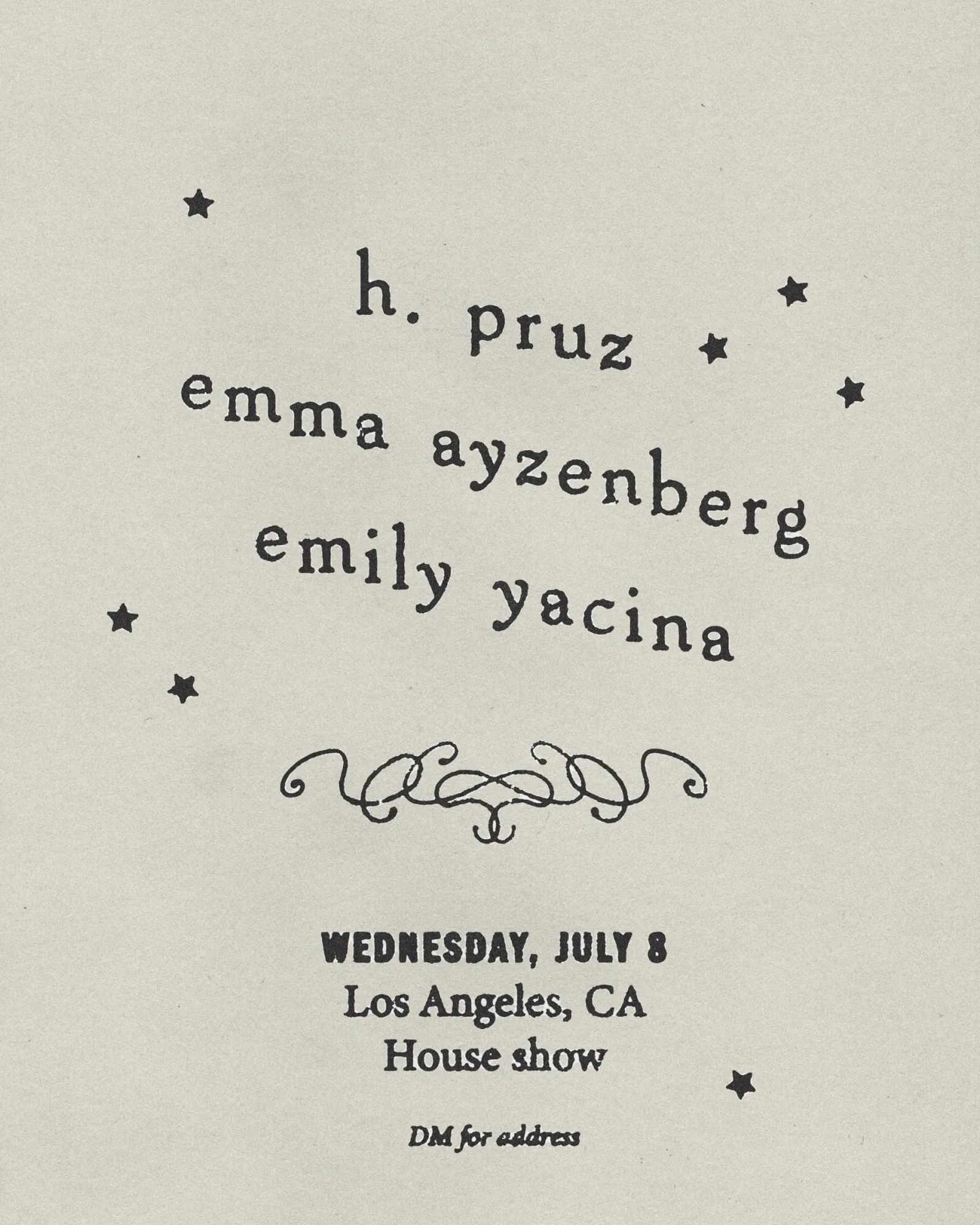 h. pruz x Emma Ayzenberg x Emily Yacina 7/8/26 LA DIY House Show event poster