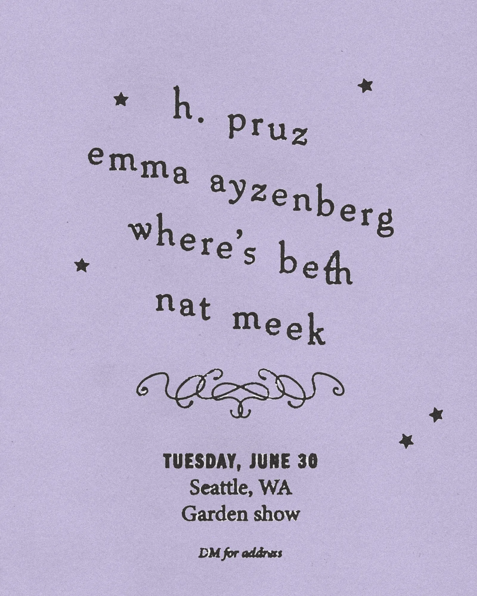 h. pruz (nyc) x Emma Ayzenberg (LA) x Where's Beth (Seattle) x Nat Meek (Seattle) Seattle, WA DIY Garden Show event poster