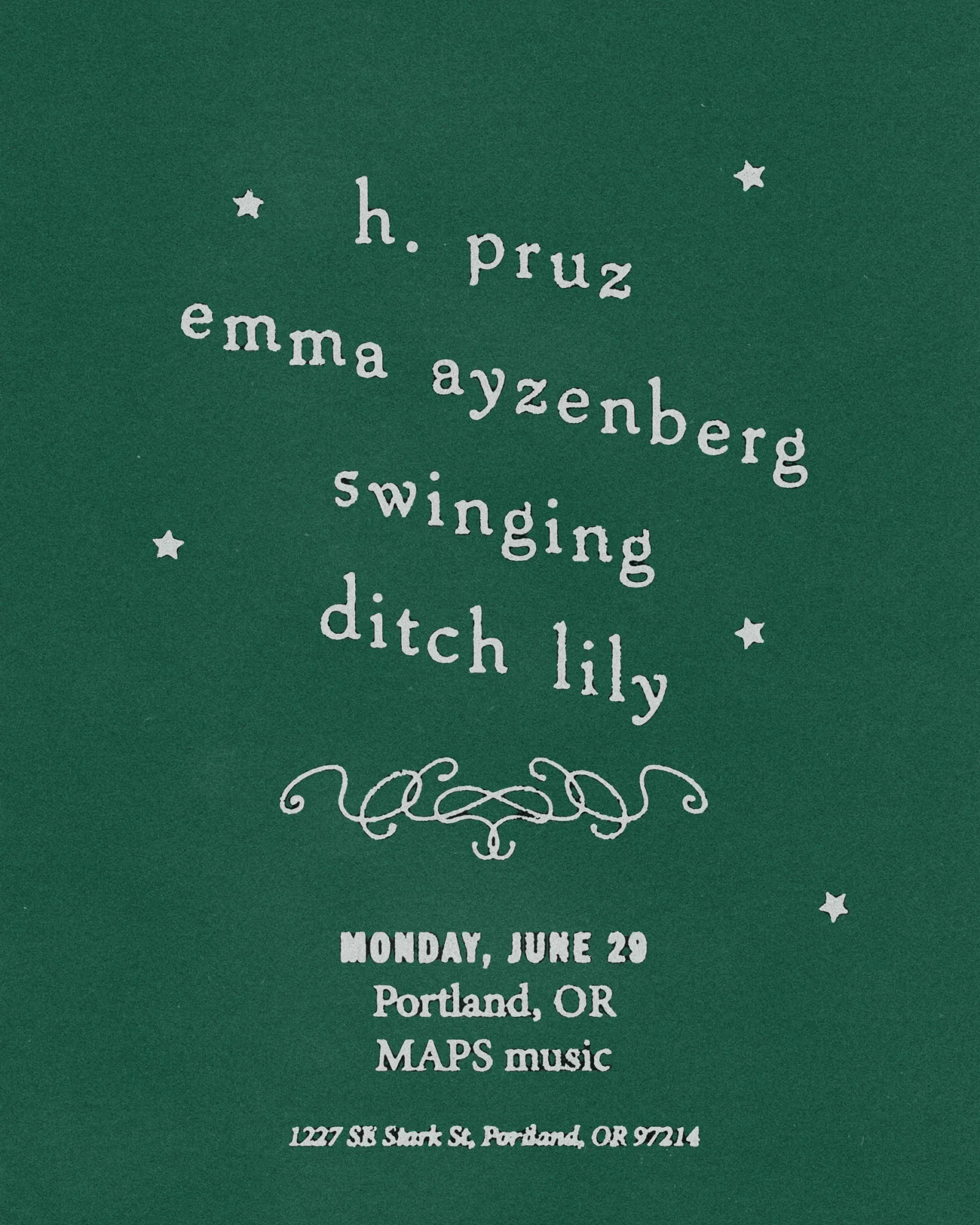 h. pruz x Emma Ayzenberg x Ditch Lily x Swinging (Portland, OR) event poster