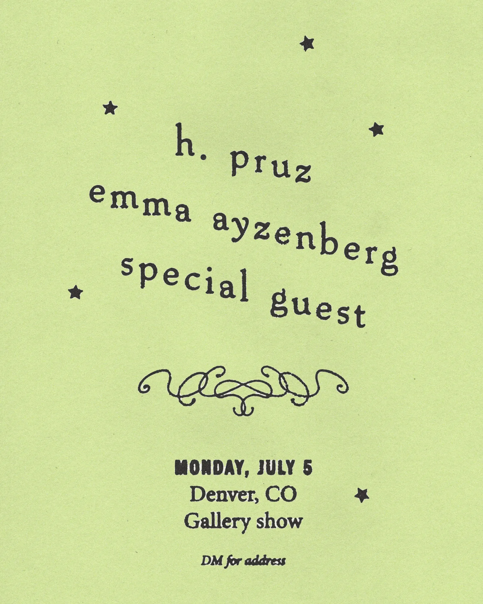 h. pruz x Emma Ayzenberg x Special Guest 7/5/26 DIY show gallery show in Denver, CO event poster